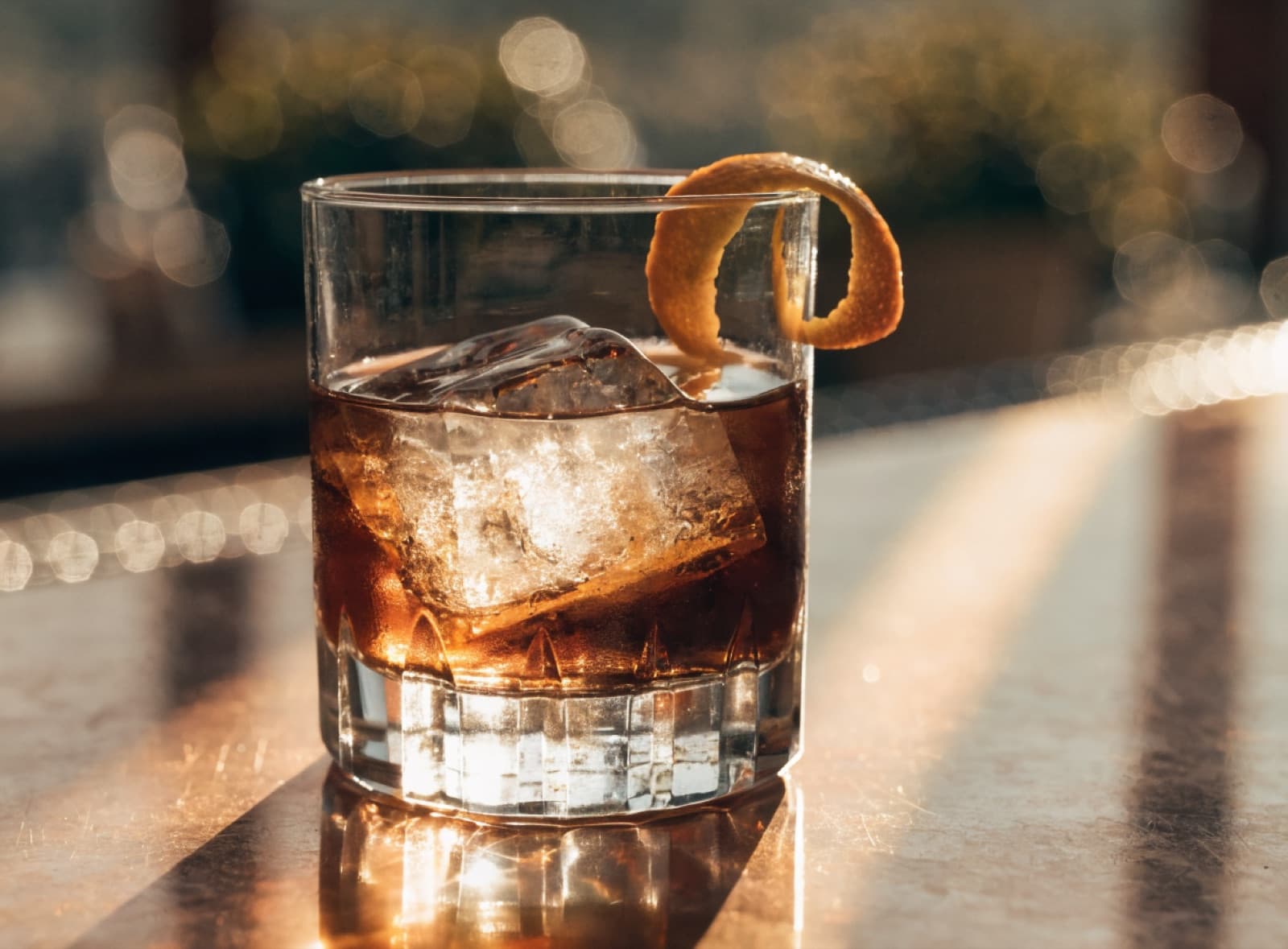 Illustration: an old fashioned with an orange peel on a bar
