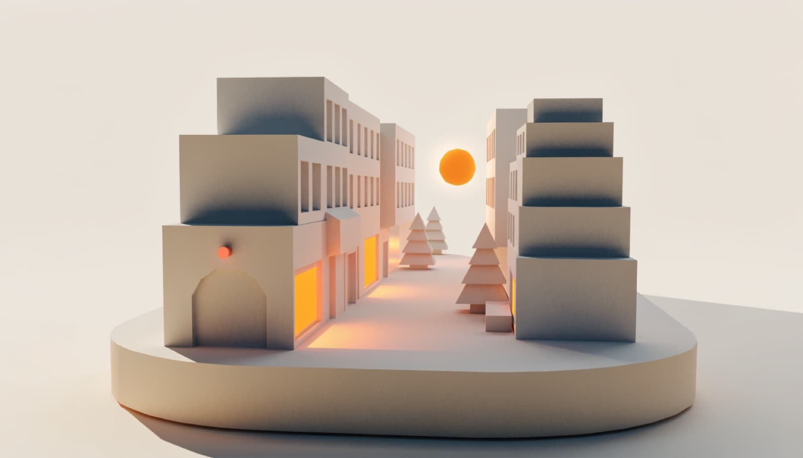 Illustration: a low-poly main street diorama at dusk