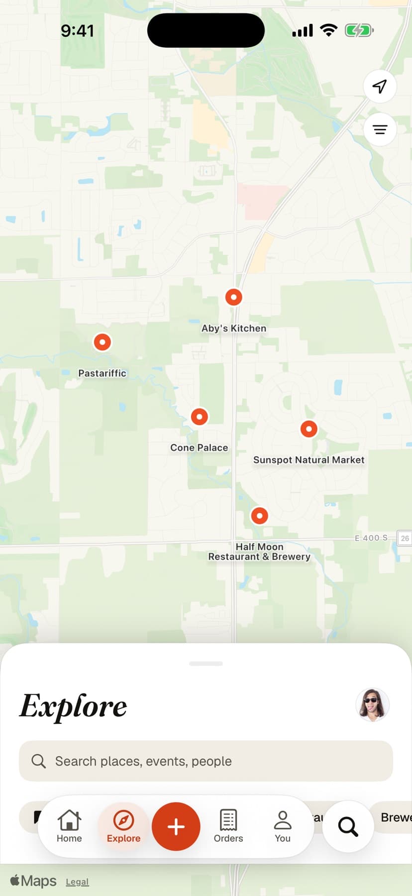 Tabled Explore preview showing nearby places on a map with sample data